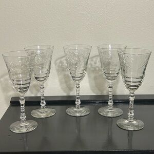 Etched Glass Set of 5 Wine‎ Water Glasses